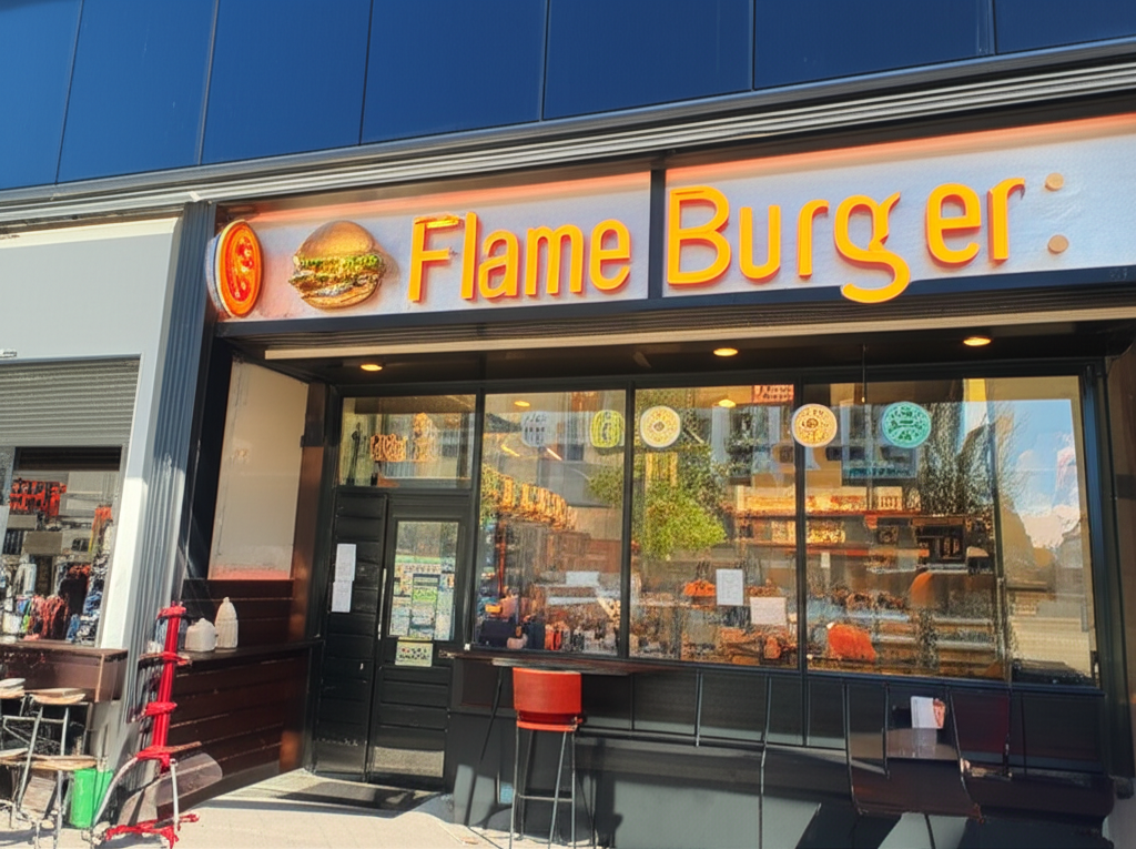 Flame Burger 1 Flame Burger: Saftig, krydret hamburger med lækker smag