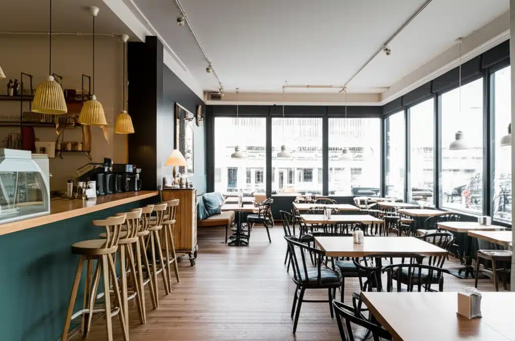 Cafe Inside 1 Indvendig udsigt af hyggeligt café-miljø med gæster og borddækning