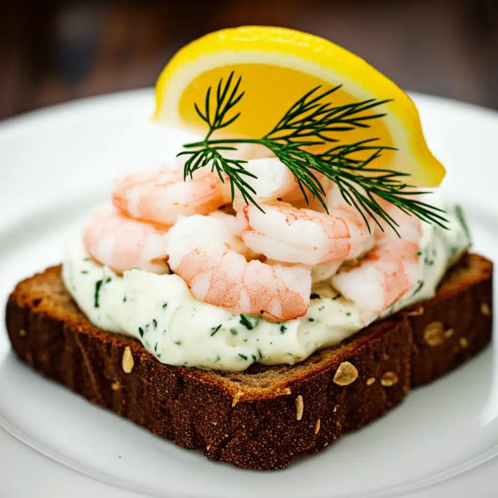 Dit smørrebrød - Skagen 1 Klassisk dansk Skagen smørrebrød med rejer og rugbrød